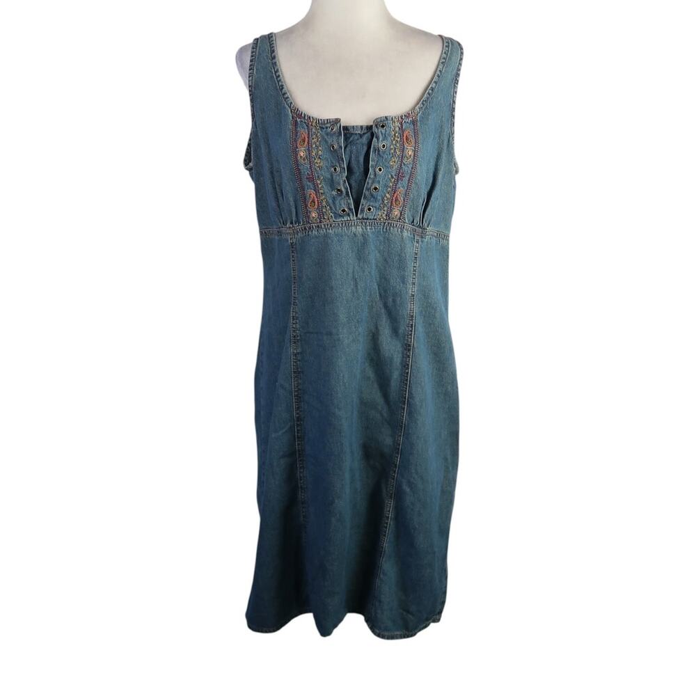 Vintage Y2K Faded Glory Blue Denim Babydoll Dress Embroidered L